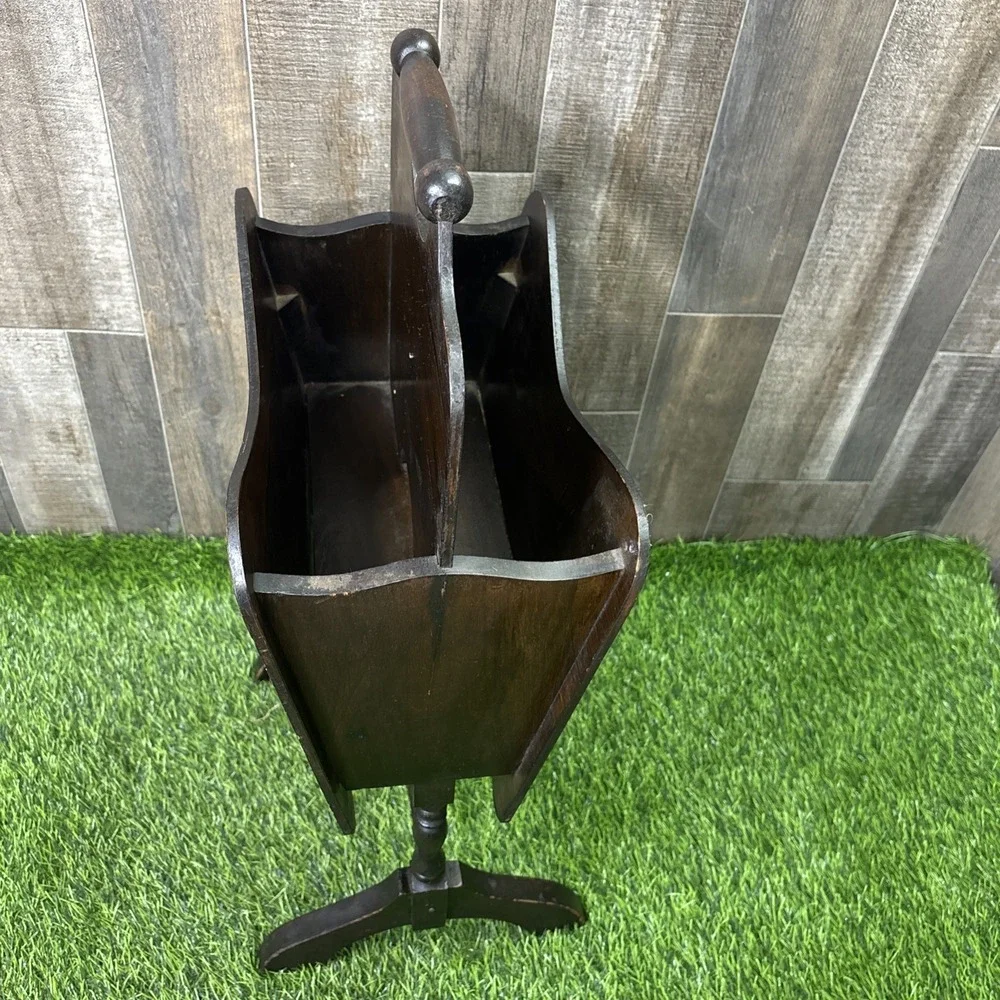 1930s Art Deco Dark Wood Magazine Rack Stand Floral Motif Vintage